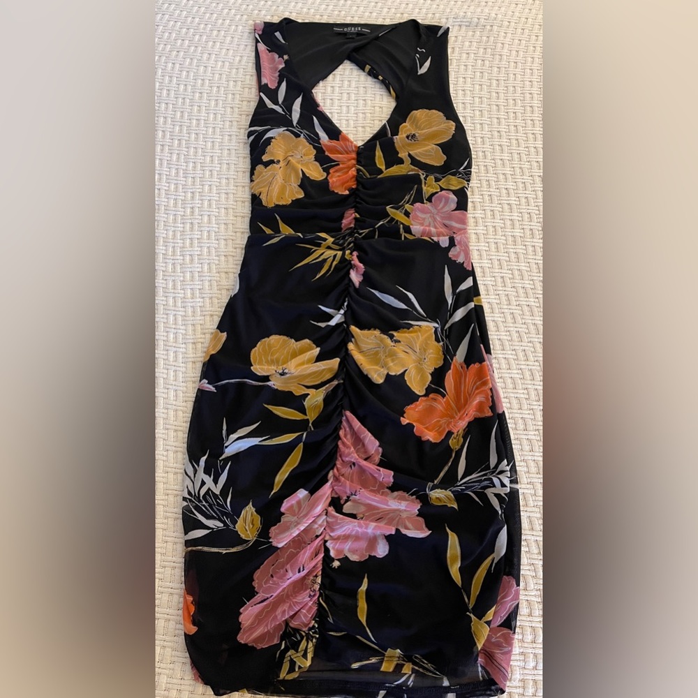 Sexy Guess Dress Black Floral, cutout back, ruched and fitted, S.